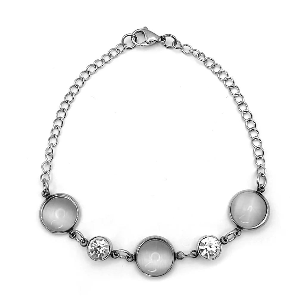 Pulsera Acero Plateado Ojo de Gato Gris Cristales Redondos 1