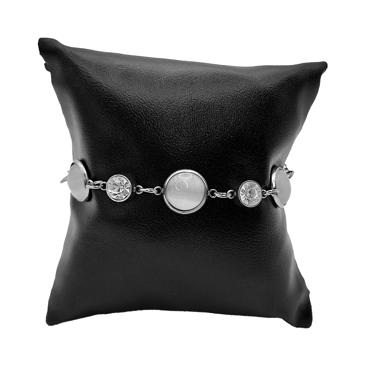 Pulsera Acero Plateado Ojo de Gato Gris Cristales Redondos 3