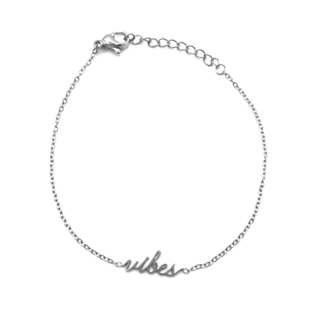 Pulsera Acero Plateado Para Mujer Frase Vibes Con Cadena
