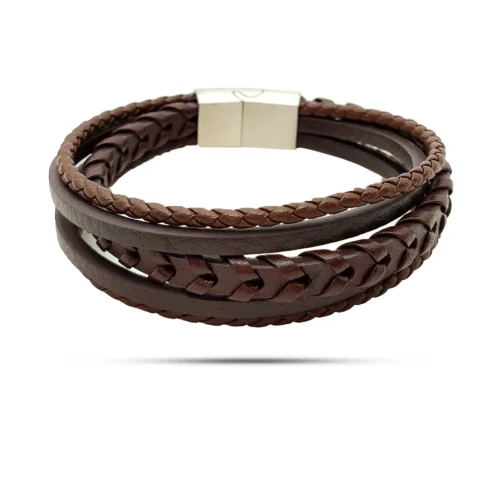 Pulsera-Acero-Plateado-Piel-Cafe-5-Tiras-Tejidas-y-Lisa.webp