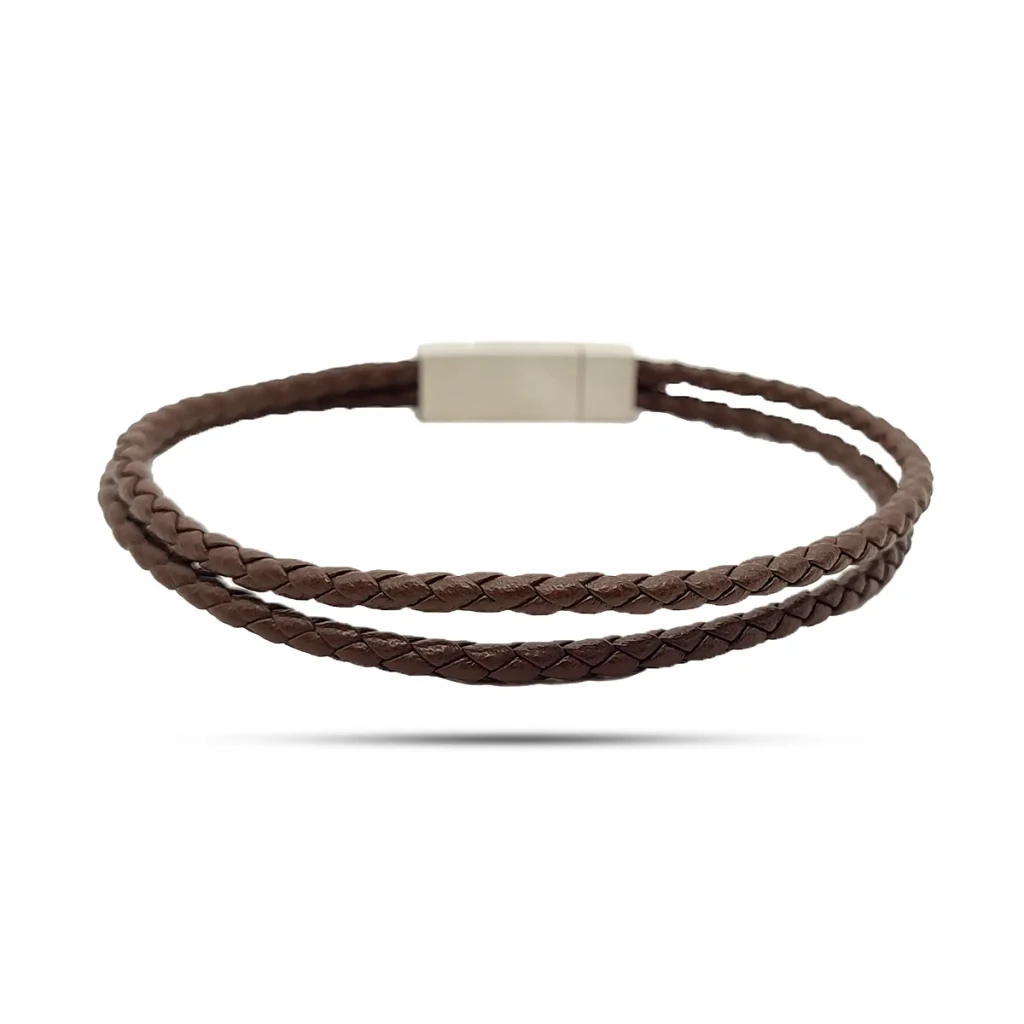 Pulsera Acero Plateado Piel Cafe Dos Tiras Trenzadas 3