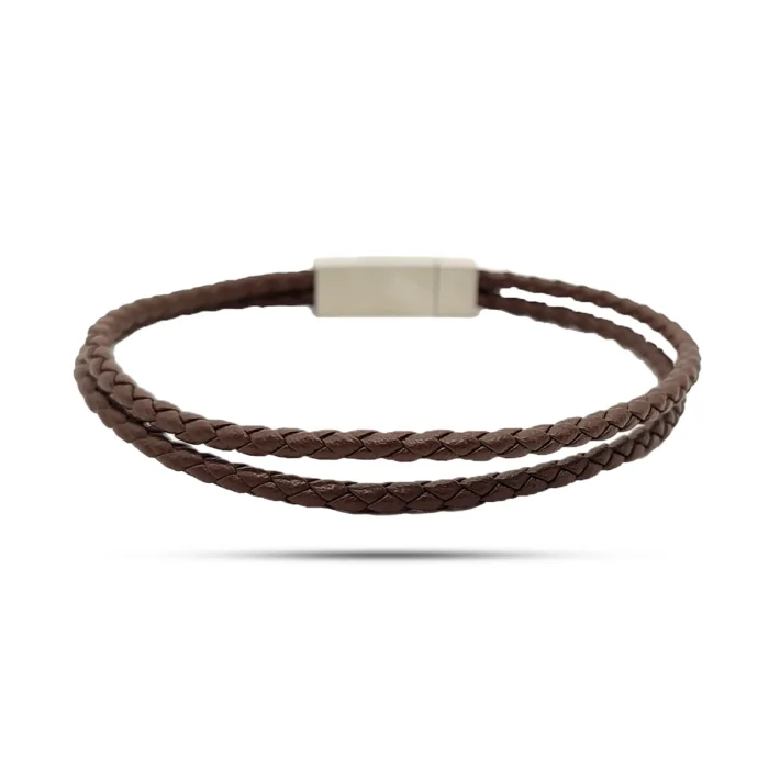 Pulsera-Acero-Plateado-Piel-Cafe-Dos-Tiras-Trenzadas-3.webp