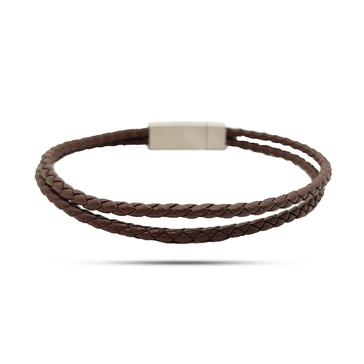 Pulsera Acero Plateado Piel Cafe Dos Tiras Trenzadas 3