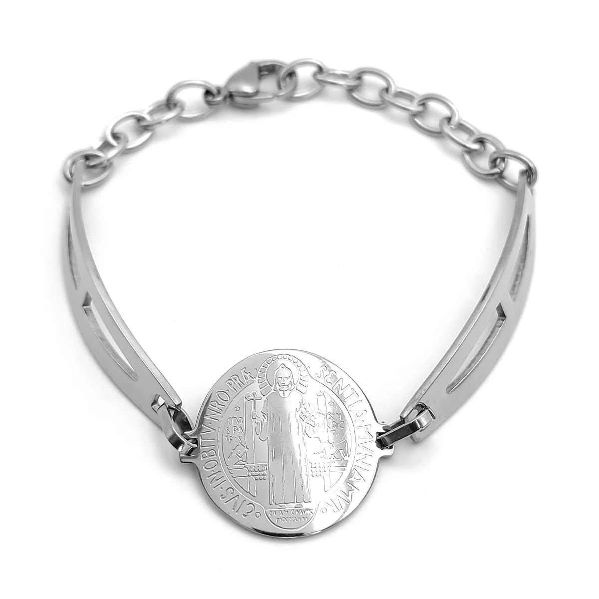 Pulsera Acero Plateado Semi Brazalete Medalla San Benito 1