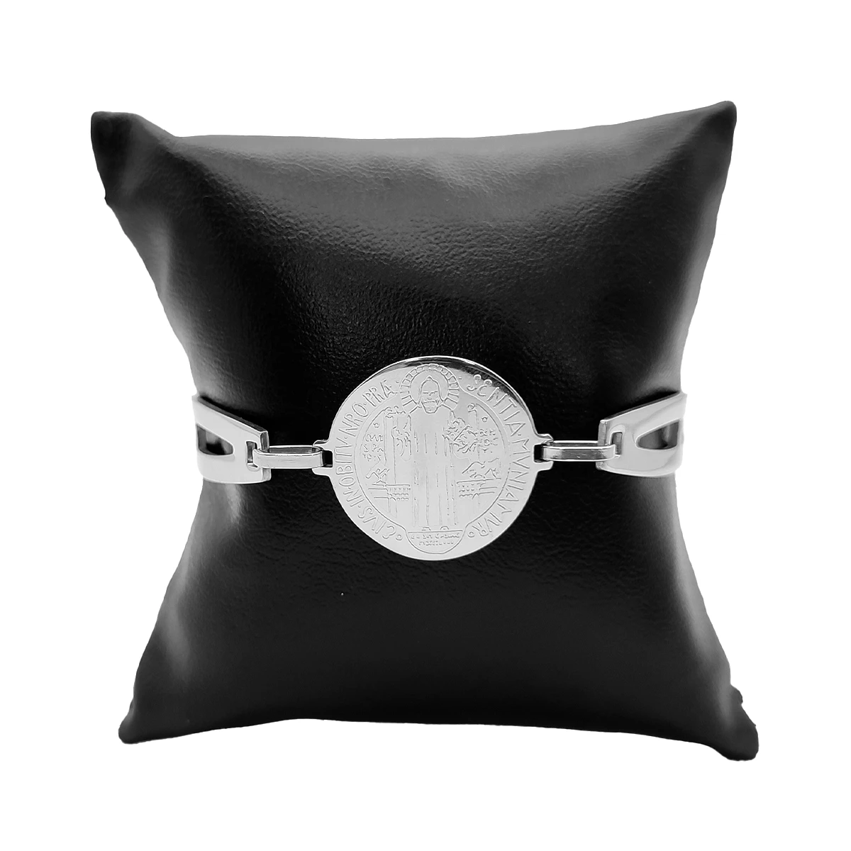 Pulsera Acero Plateado Semi Brazalete Medalla San Benito 2