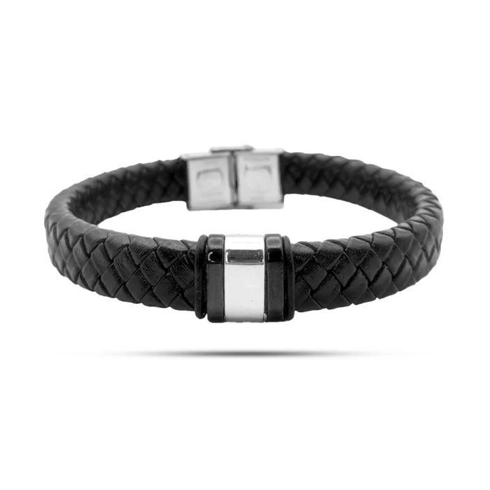Pulsera-Acero-Plateado-Trenzada-Piel-Negra-Cuentas-Grabado-3.webp