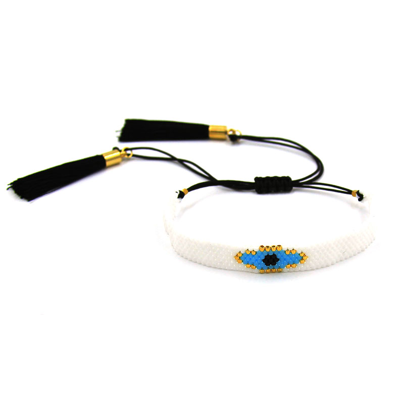 Pulsera Blanca Chaquira Acero Miyuki Ojo Turco Borlas