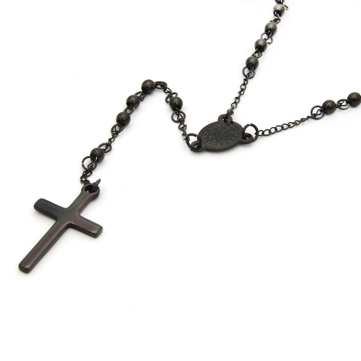 Rosario Acero Negro San Benito Bola pequena Cruz 15mm 2