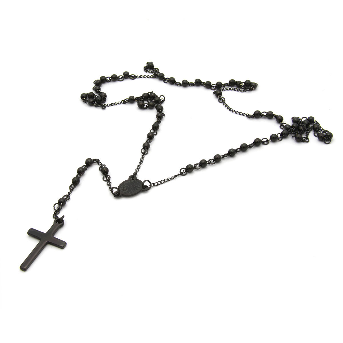 Rosario Acero Negro San Benito Bola pequena Cruz 15mm