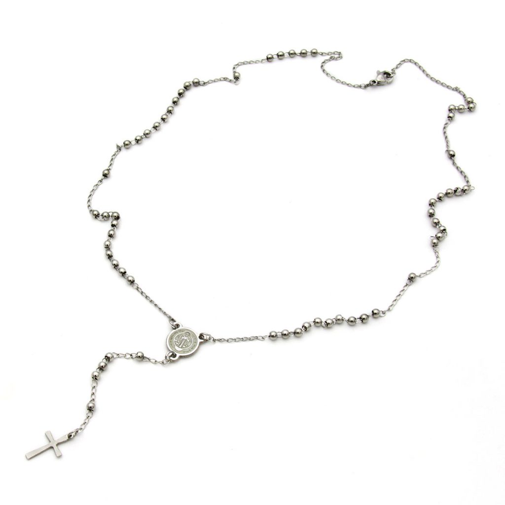 Rosario Acero Plateado San Benito Bola Pequena Cruz 11mm
