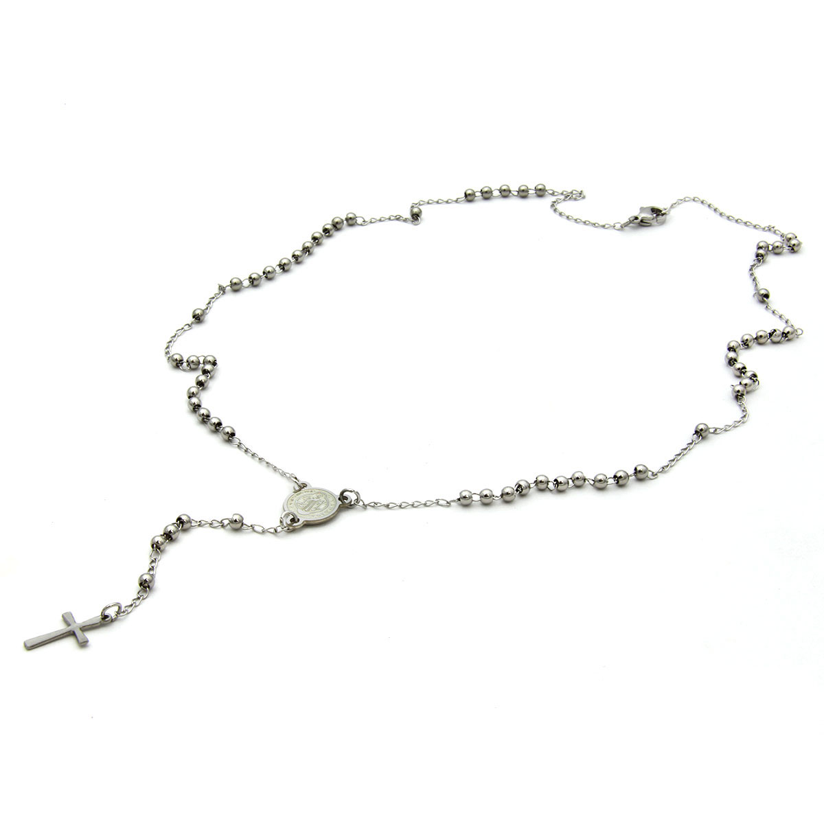 Rosario Acero Plateado San Benito Bola Pequena Cruz 11mm 2