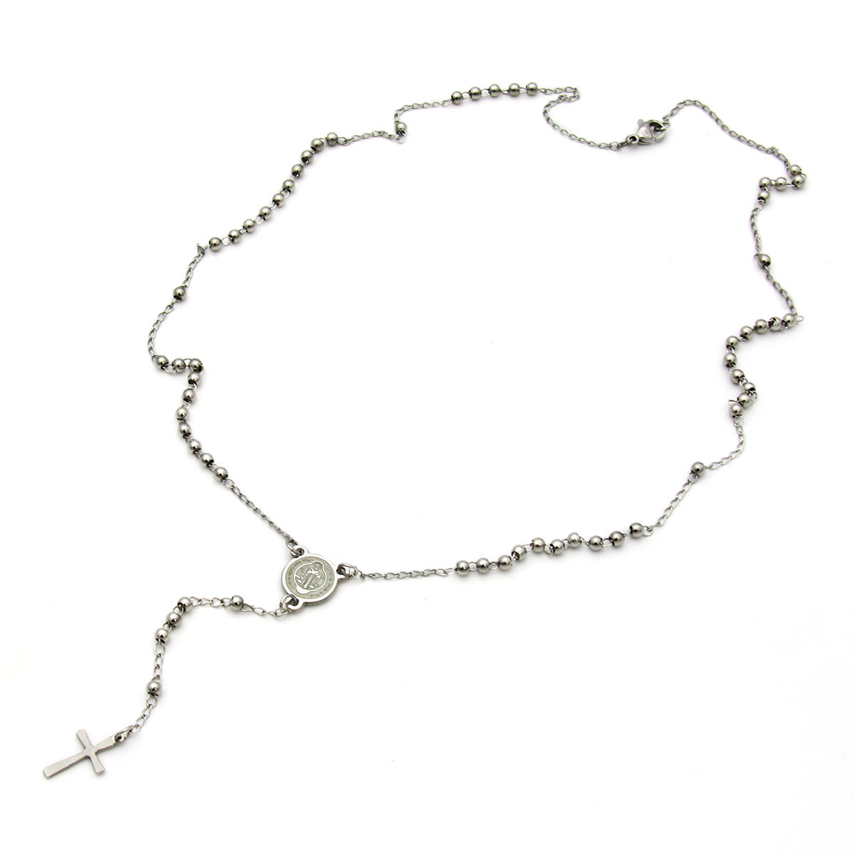 Rosario Acero Plateado San Benito Bola Pequena Cruz 11mm