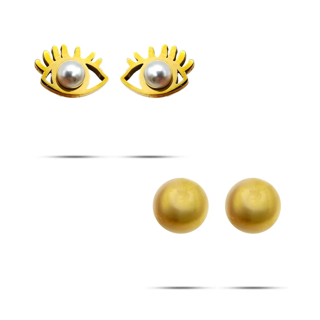 Set Aretes Acero Dorado Broqueles Ojo Pupila Perla Bolita 4