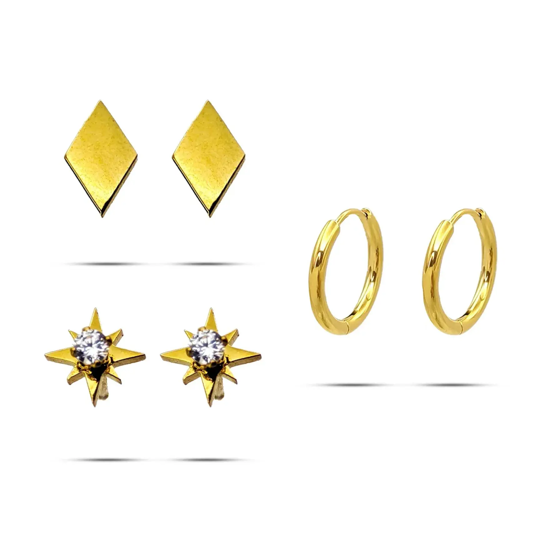 Set Aretes Acero Dorado Huggies Estrella Cristal Rombo 2 1