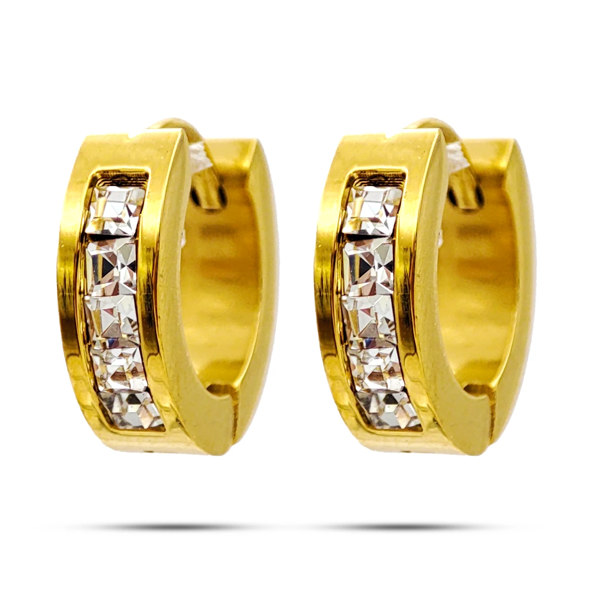 Set Aretes Acero Dorado Huggies Fila Cristales Broquel 2