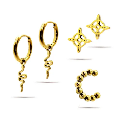 Set-Aretes-Acero-Dorado-Nudo-de-Bruja-Serpiente-Ear-Cuff.webp