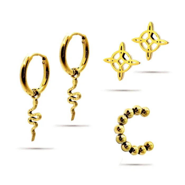 Set-Aretes-Acero-Dorado-Nudo-de-Bruja-Serpiente-Ear-Cuff.webp