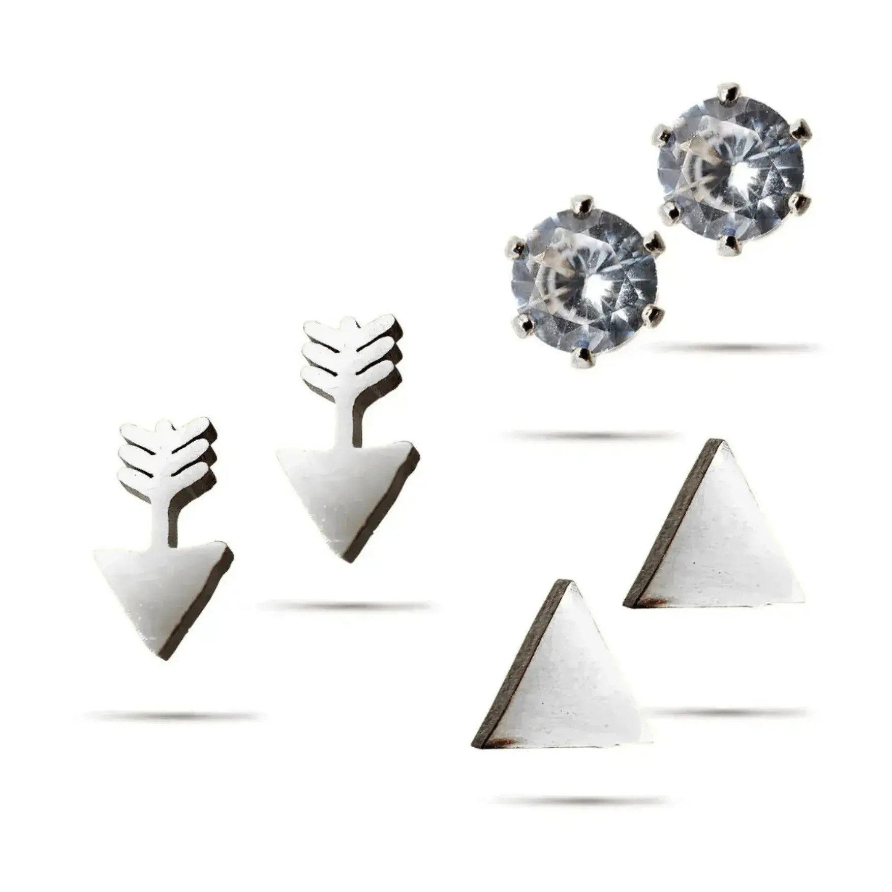 Set Aretes Acero Plateado Broqueles Flechas Triangulo 2