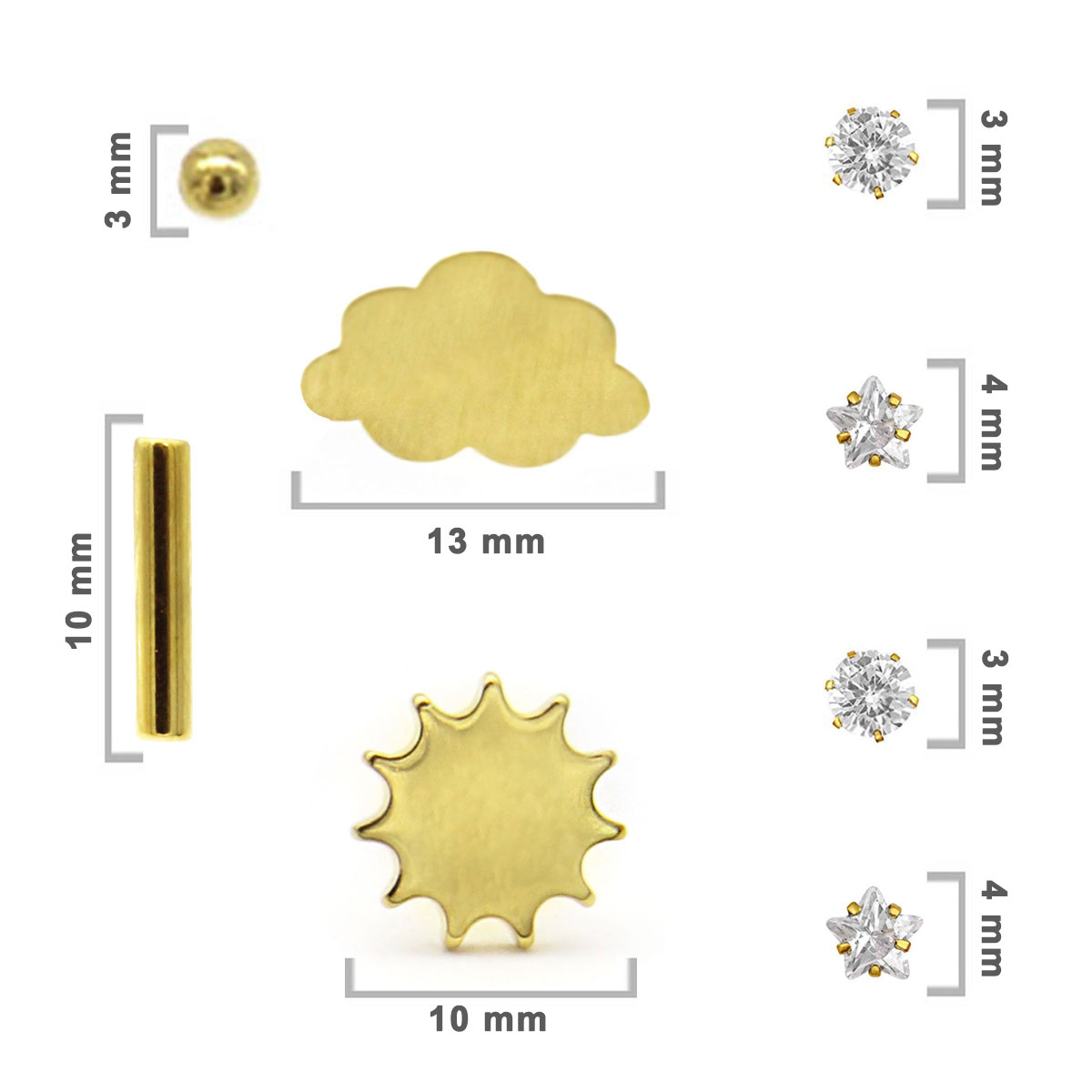 Set Aretes Tipo Broquel Acero Inoxidable Dorado Zirconia