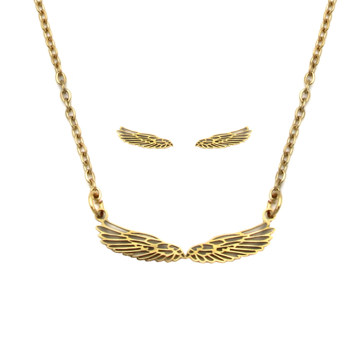 Set Joyeria Acero Dorado Alas Abiertas Angel Silueta