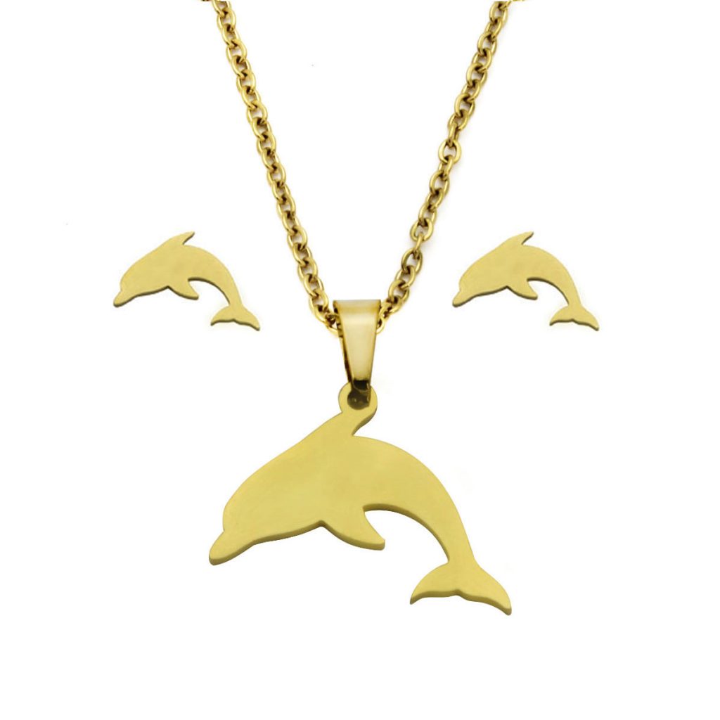 Set Joyeria Acero Dorado Delfin Simbolo Sabiduria Suerte