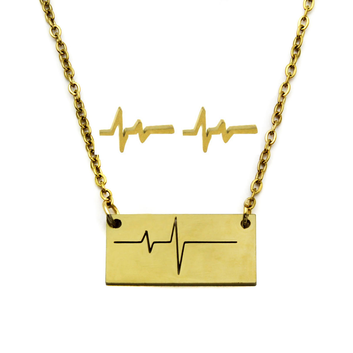 Set Joyeria Acero Dorado Electrocardiograma Corazon