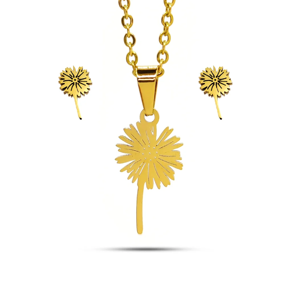 Set Joyeria Acero Dorado Flor Margarita Tallo Romantico 2