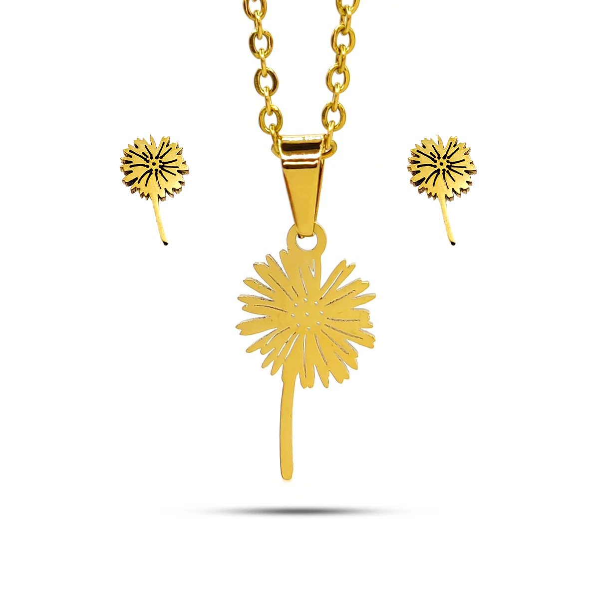 Set Joyeria Acero Dorado Flor Margarita Tallo Romantico 2