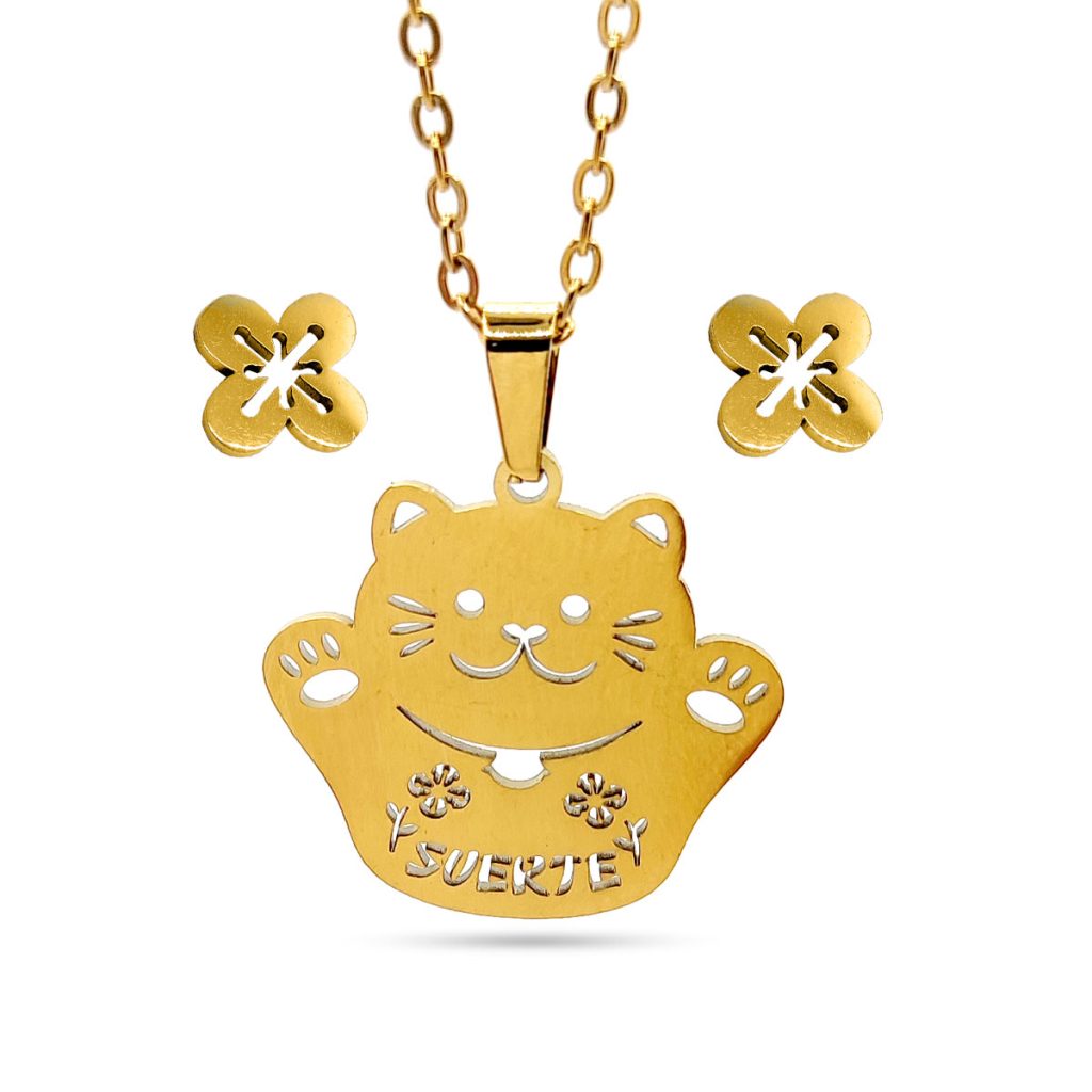 Set Joyeria Acero Dorado Gato Suerte Fortuna Gatito Feliz