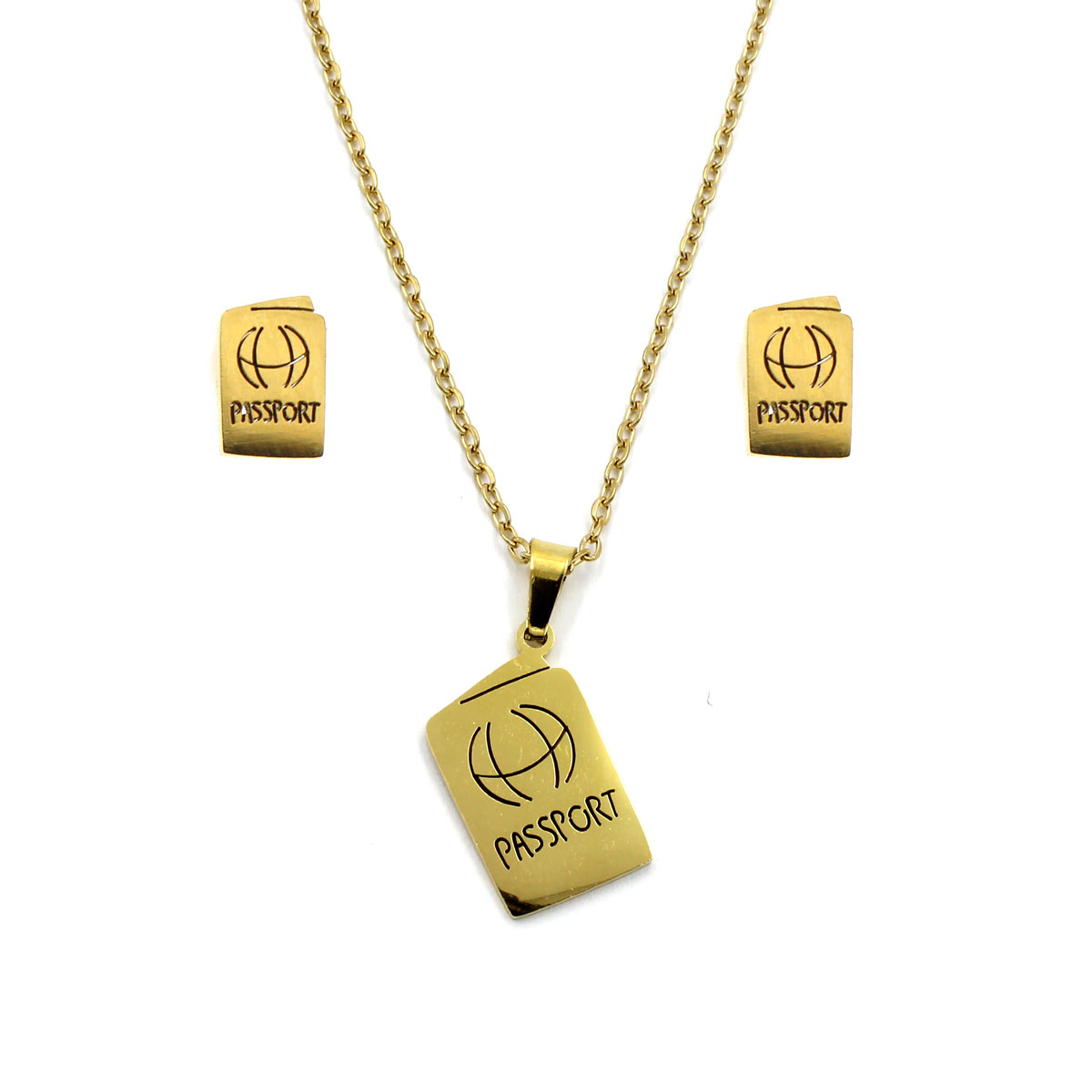 Set Joyeria Acero Dorado Pasaporte Grabado