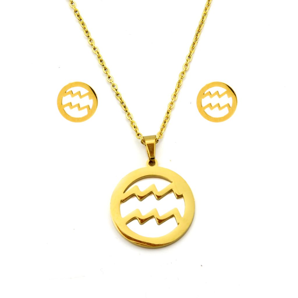 Set Joyeria Acero Dorado Signo Zodiacal Acuario Horoscopo