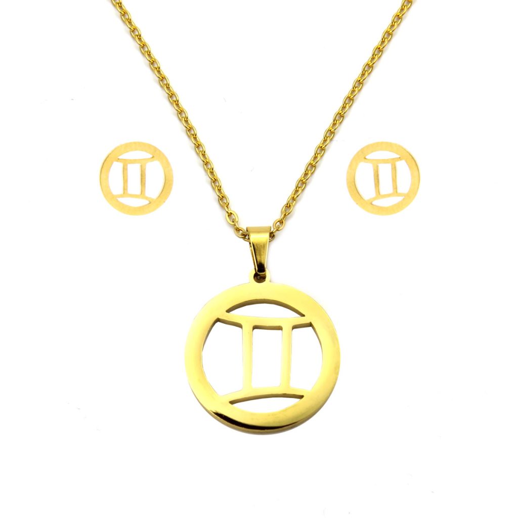 Set Joyeria Acero Dorado Signo Zodiacal Geminis