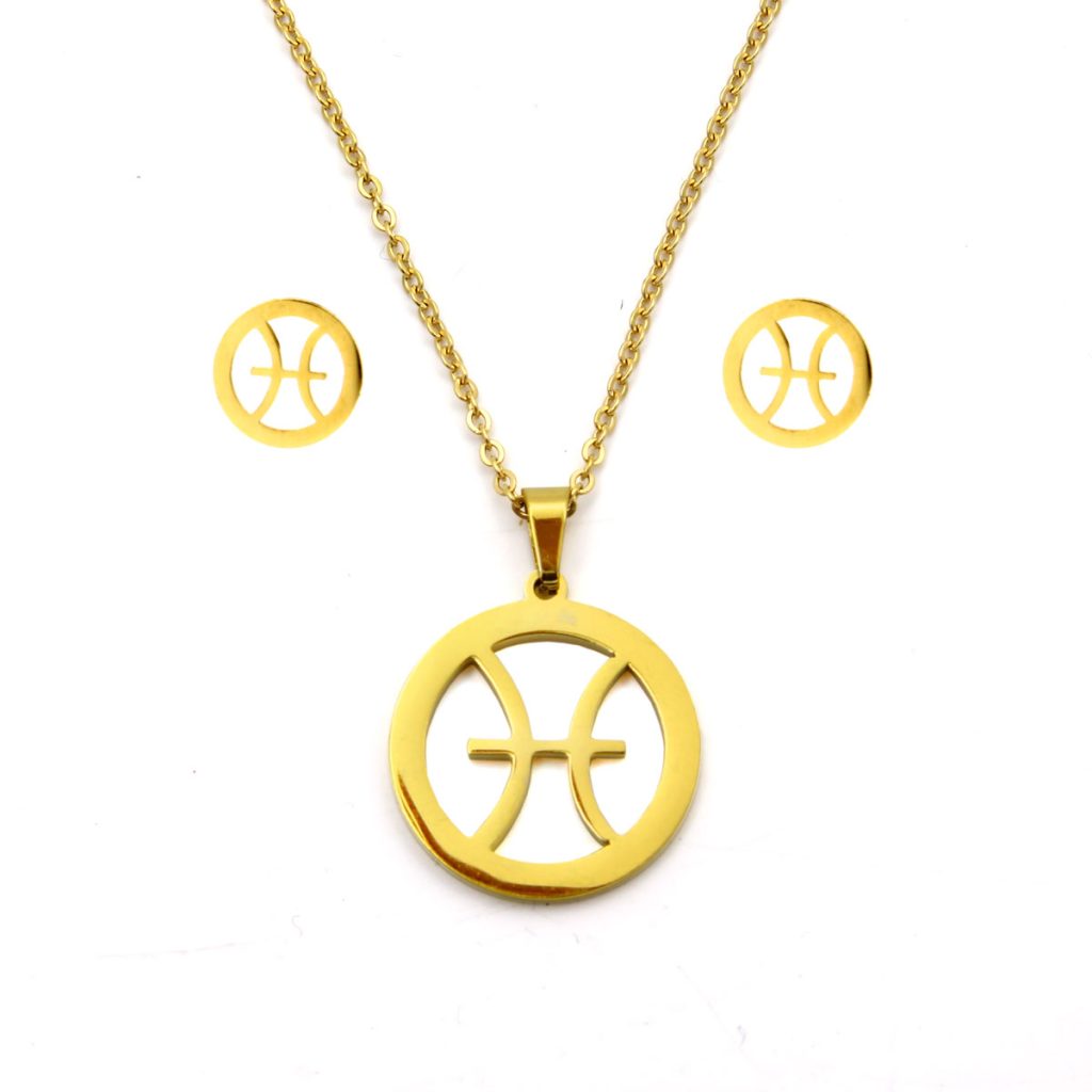 Set Joyeria Acero Dorado Signo Zodiacal Piscis Horoscopo