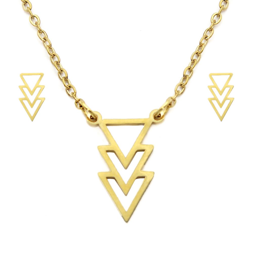 Set Joyeria Acero Dorado Triangulos Unidos Geometricos