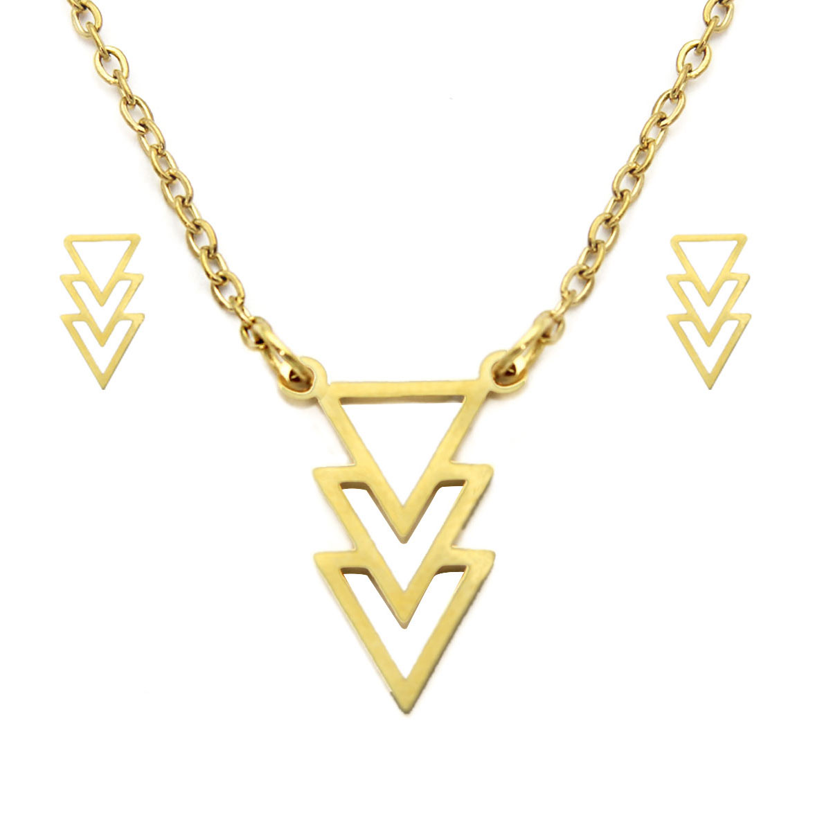 Set Joyeria Acero Dorado Triangulos Unidos Geometricos