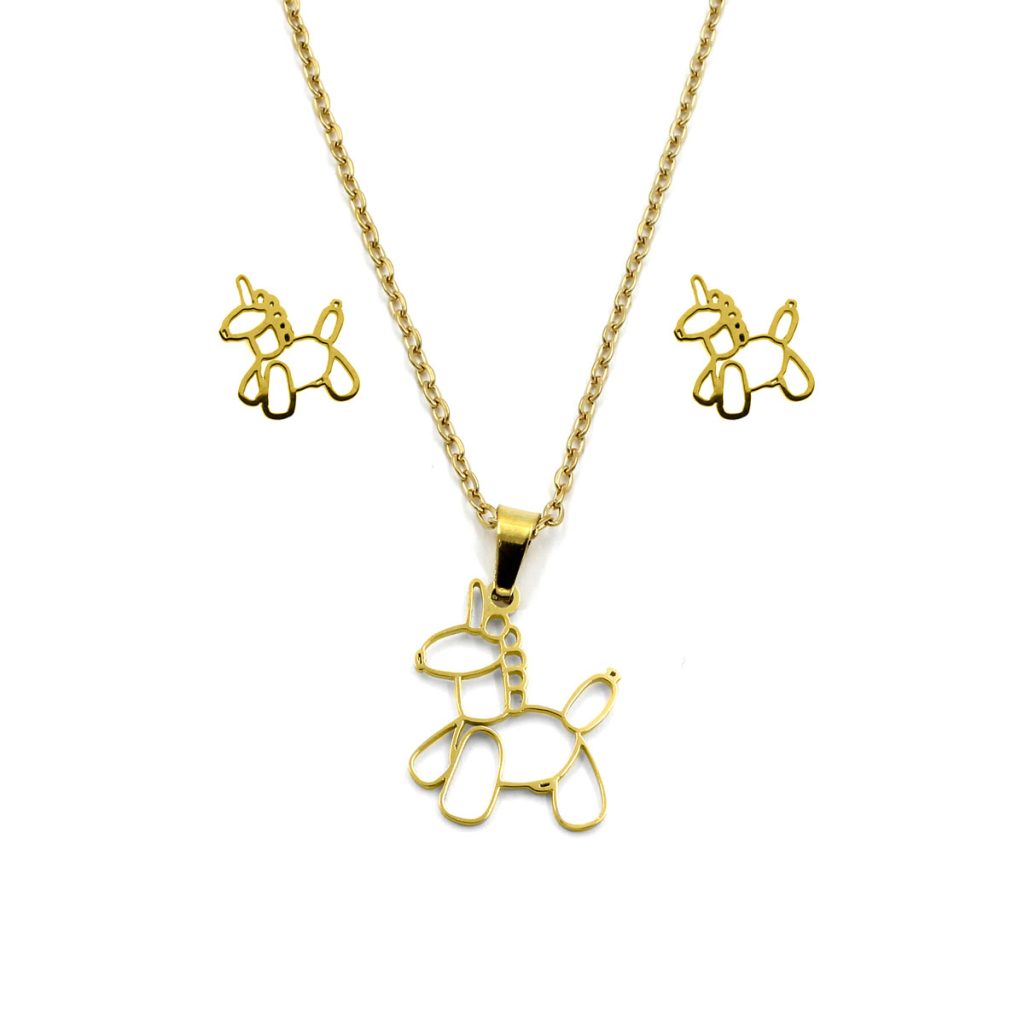 Set Joyeria Acero Dorado Unicornio Globo Fantasia