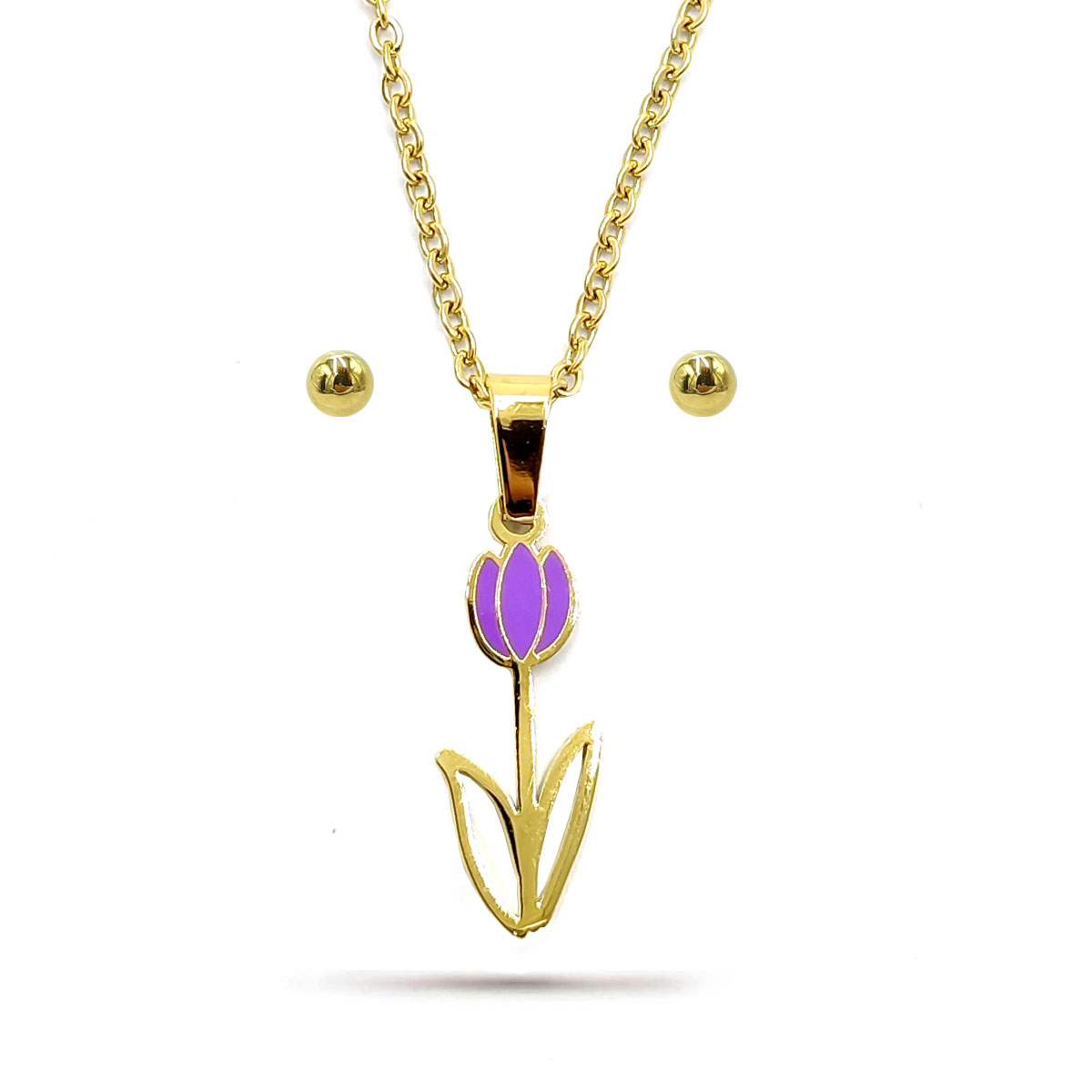 Set Joyeria Acero Inox Dorado Bella Flor Tulipan Morado