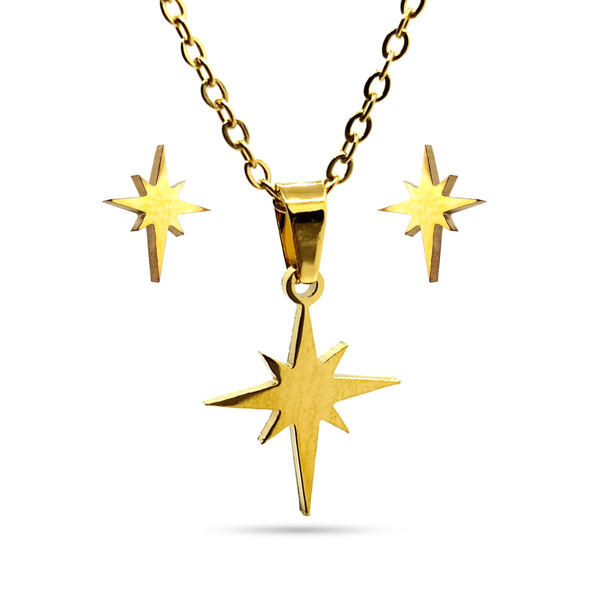 Set Joyeria Acero Inox Dorado Estrella Estelar 8 Picos