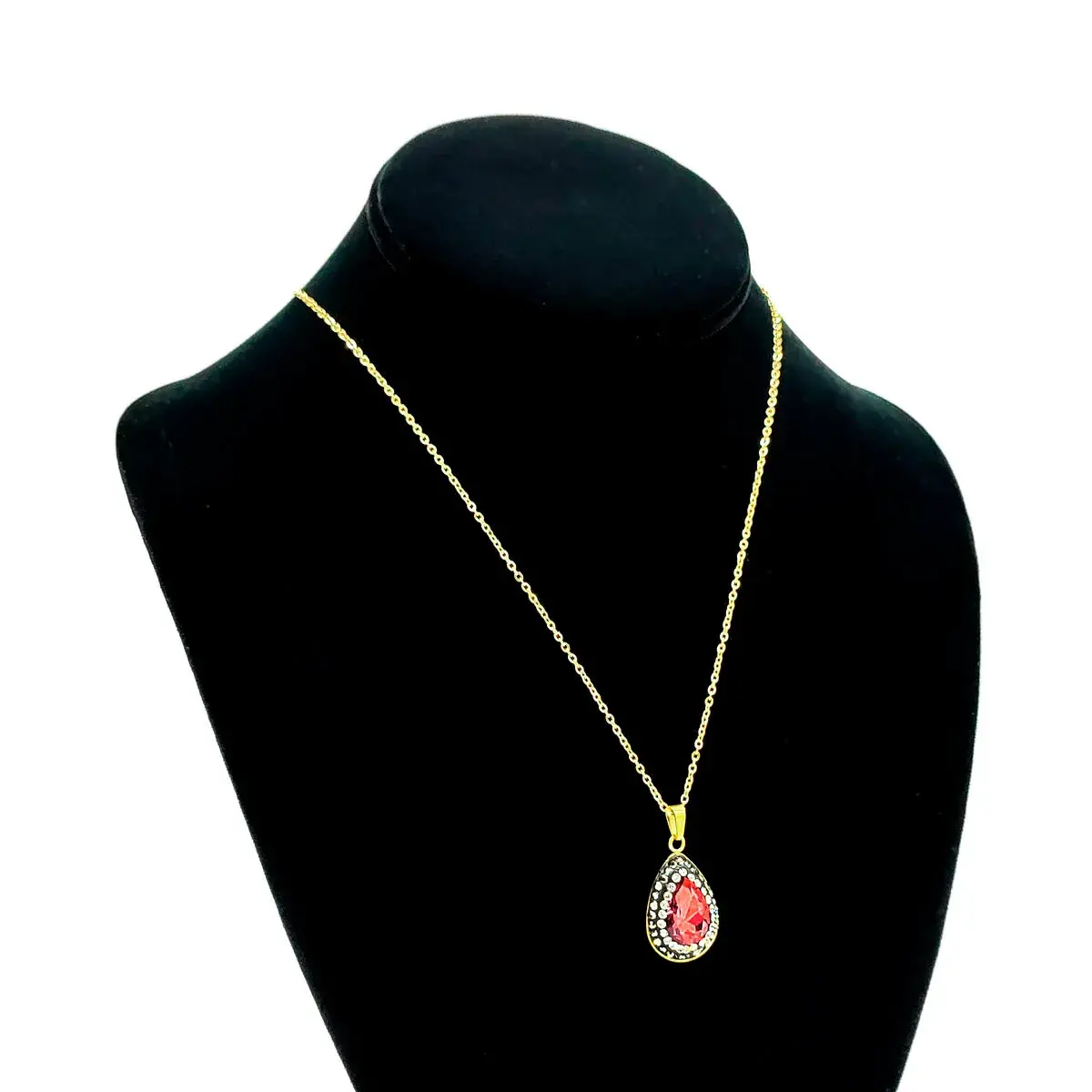 Set Joyeria Acero Inox Dorado Piedra Gota Rosa Fucsia 1