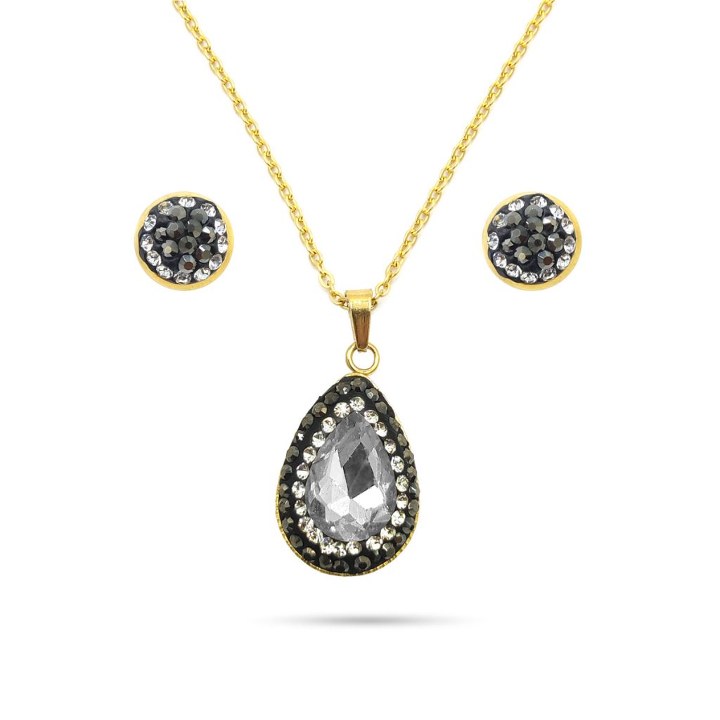 Set Joyeria Acero Inox Dorado Piedra Gota Transparente