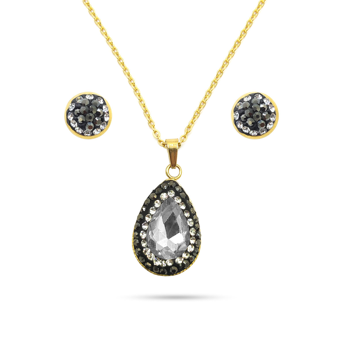 Set Joyeria Acero Inox Dorado Piedra Gota Transparente