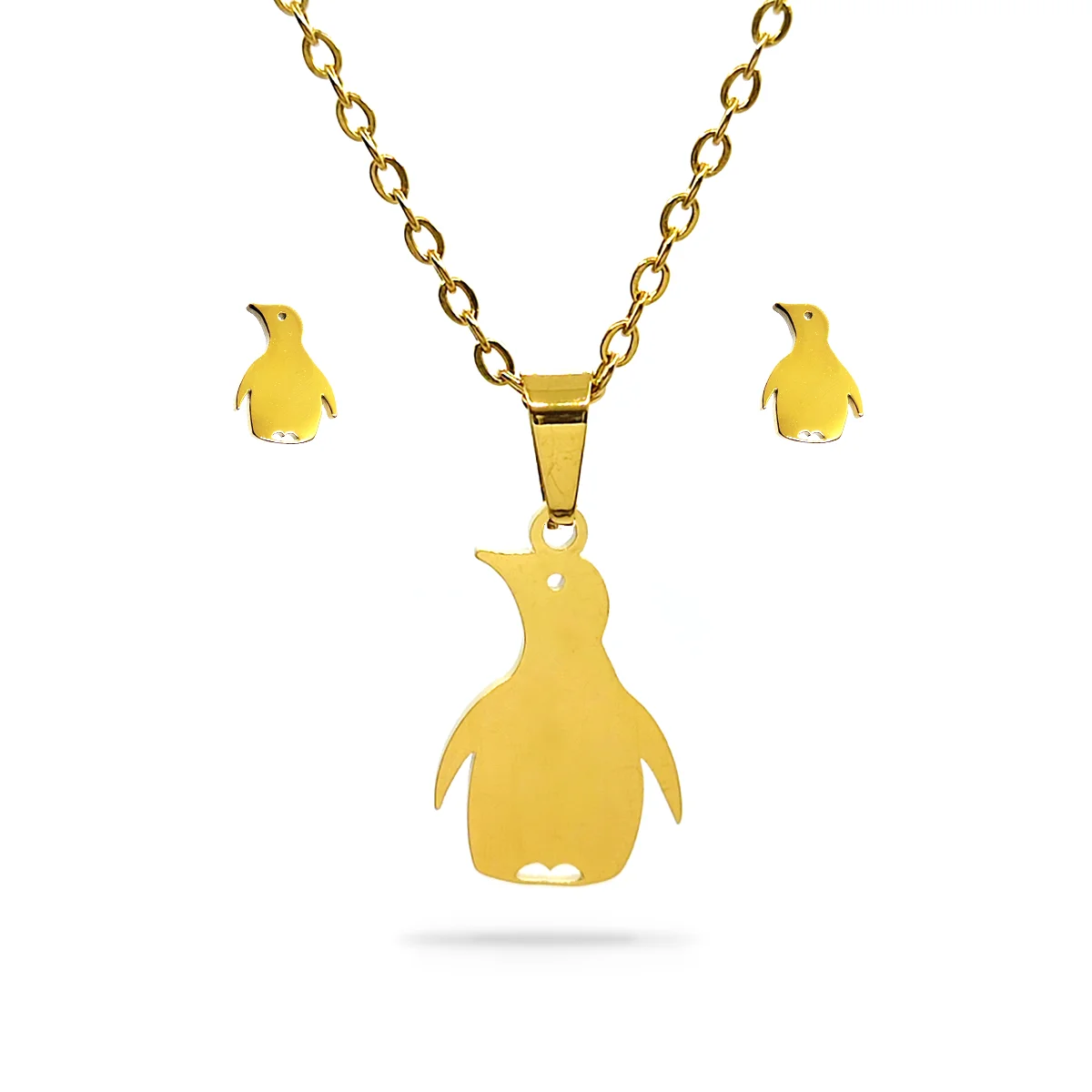 Set Joyeria Acero Inox Dorado Pinguino Ave Animal 3