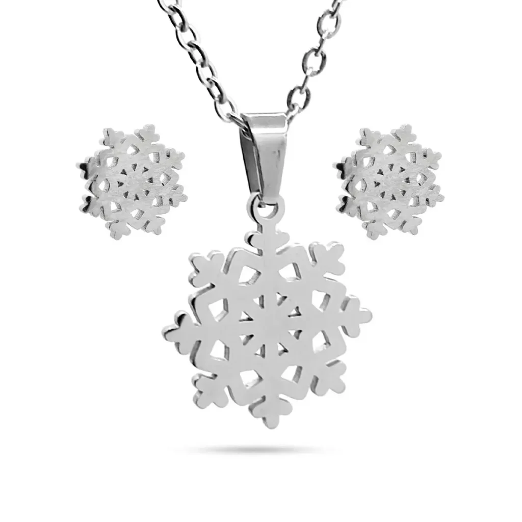 Set Joyeria Acero Inox Plateado Copo de Nieve Snowflake 3