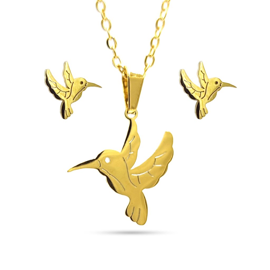 Set Joyeria Acero Inoxidable Dorado Hermoso Colibri 16 mm 1
