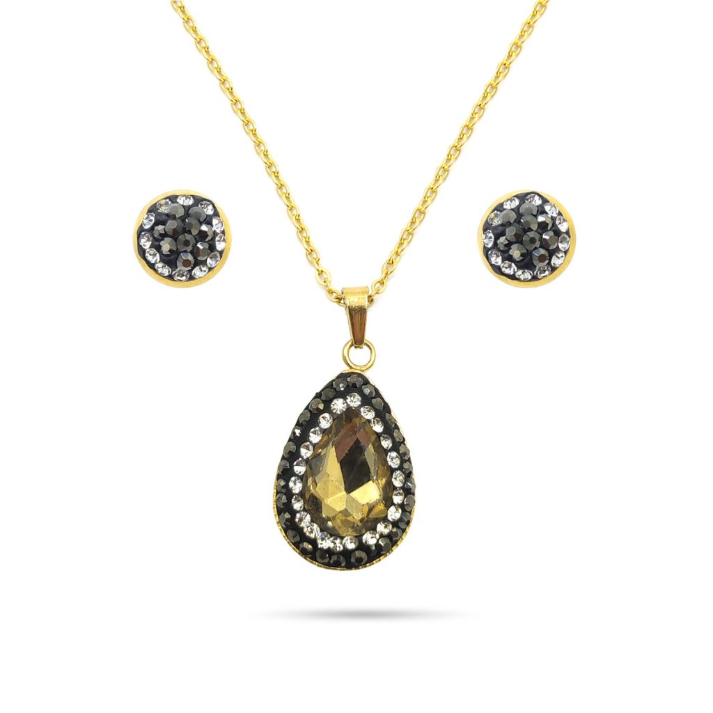 Set Joyeria Acero Inoxidable Dorado Piedra Gota Cafe