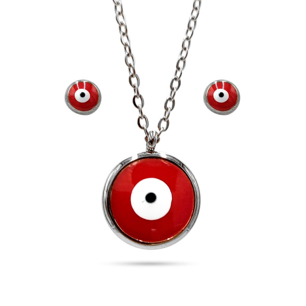 Set Joyeria Acero Inoxidable Plateado Ojo Turco Rojo 1