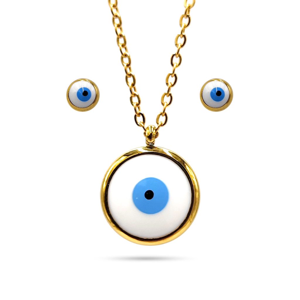 Set Joyeria Acero Inoxidable Plateado Ojo Turco Rojo