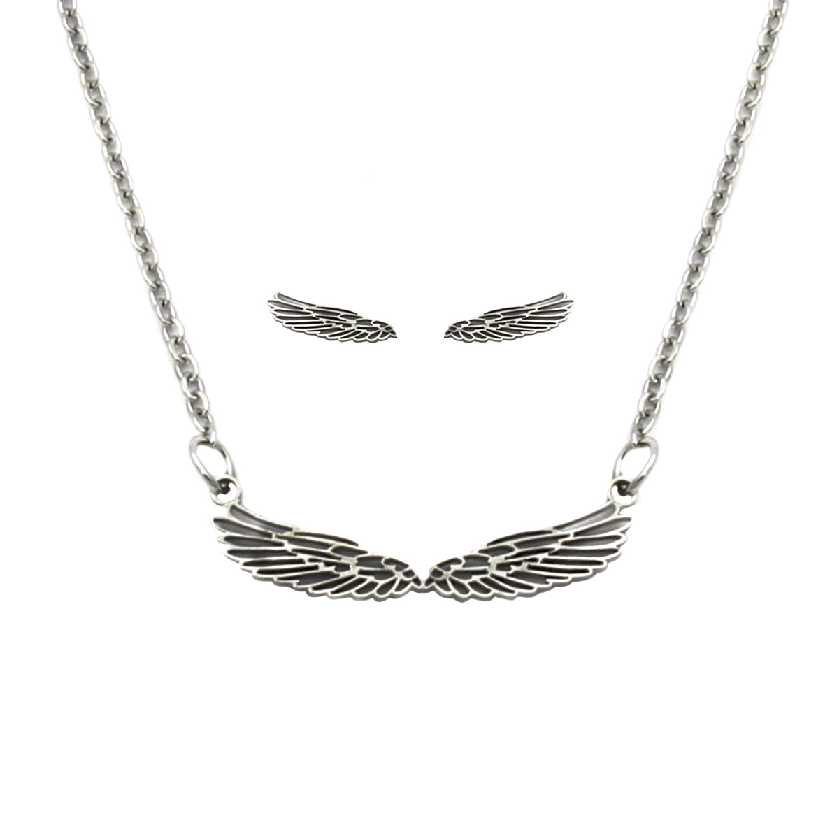 Set Joyeria Acero Plateado Alas Abiertas Angel Silueta
