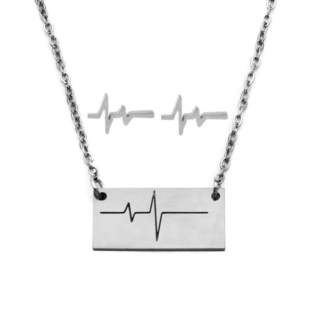 Set Joyeria Acero Plateado Electrocardiograma Corazon