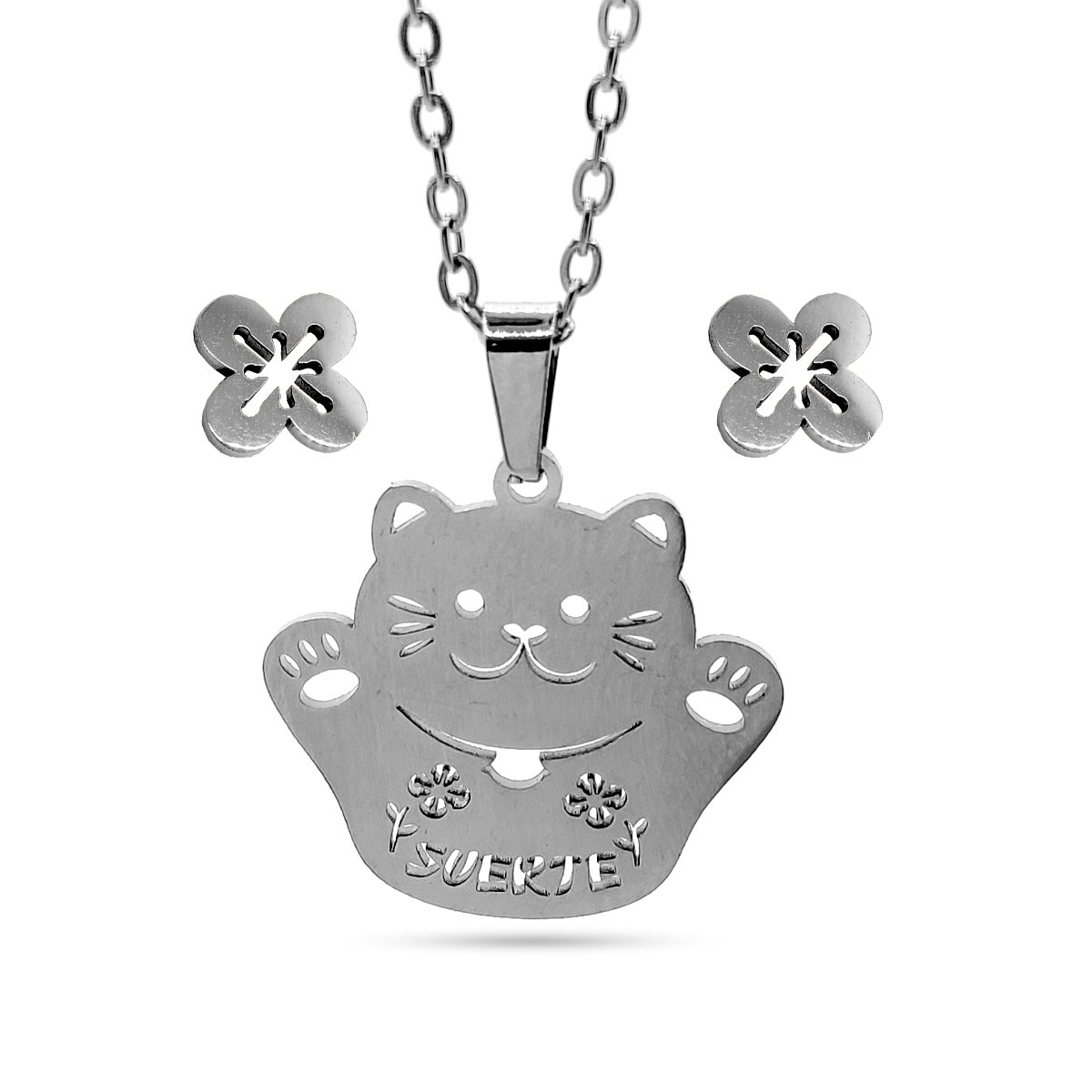 Set Joyeria Acero Plateado Gato Suerte Fortuna Gatito